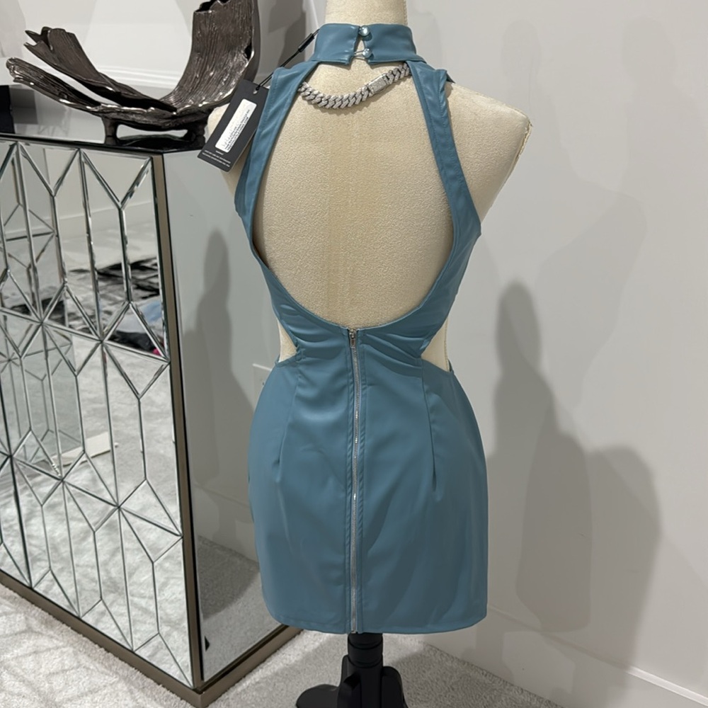POWDER BLUE PU CUT OUT BODYCON - Picture 3 of 14